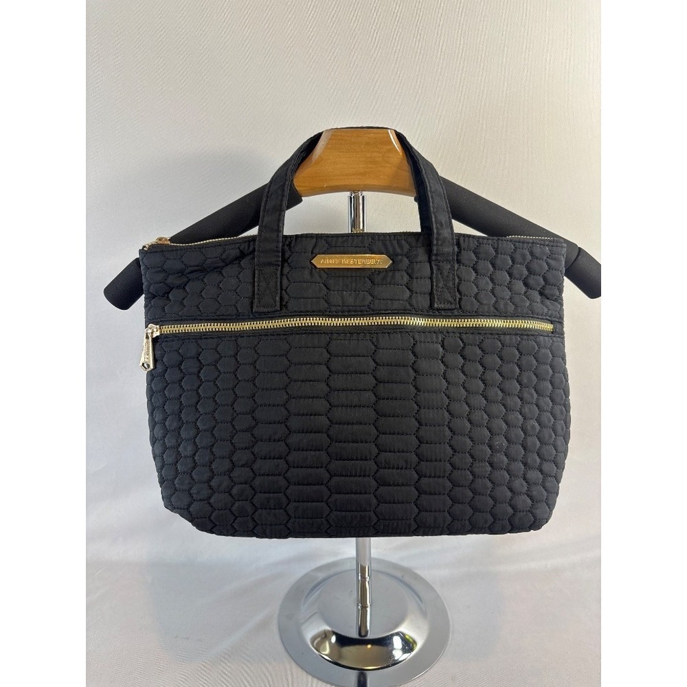 Aimee Kestenberg Black Quilted Honeycomb Nylon Tote Handbag Gold Zip